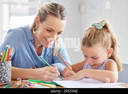 Eine glückliche Mutter, ein Mädchen Kind, das auf Papier zeichnet und zusammen mit Bleistiften für die Vorschulaufgaben färbt. Kinder im Kindergarten, Spaß haben Stockfoto