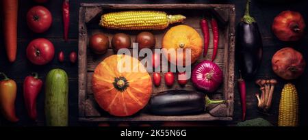 Hintergrund der Herbsternte ist ein langes Fotokonzept auf einem Holztisch. Auswahl an frischem, saftigem Obst und Gemüse auf schwarzem, dunklem Grund. Vegan Stockfoto