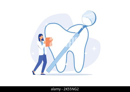 Zahnpflege, Zahnuntersuchung, klinisches Verfahren, Besuch eines Zahnarztes, Parodontaluntersuchung, Umfassende orale Test flach Design moderne Illustration Stock Vektor