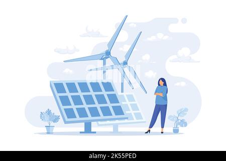 Erneuerbare Energien Erneuerbare Energiequellen, Energieressourcen, Dienstleistungen für saubere ländliche Energie, Windturbine, Sonnenkollektoren, umweltfreundliche Haus-Flat-Design-Moder Stock Vektor