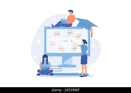 Programmiersprachen lernen. Software-Coding-Kurse, Website-Entwicklung Klasse, Skript schreiben. ES Programmierer Comic-Figuren. Stock Vektor