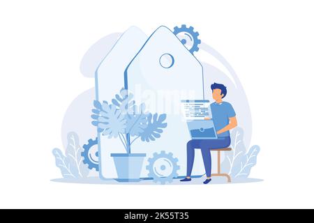 Freiberufliche Programmierung. Programmierer Zeichentrickfigur arbeitet mit Laptop, sitzt im Sessel. Freiberufler, Heimarbeit, Selbständiger. Stock Vektor