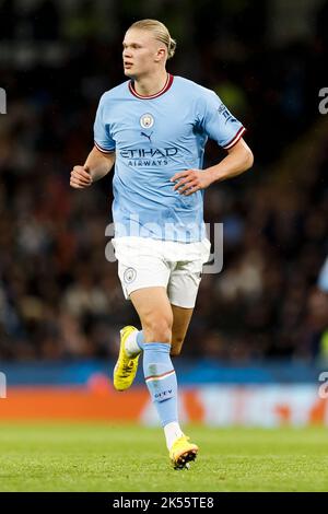 Manchester, Großbritannien. 05. Oktober 2022. Erling Haland aus Manchester City während des UEFA Champions League Group G-Spiels zwischen Manchester City und dem FC Kopenhagen im Etihad Stadium am 5. 2022. Oktober in Manchester, England. (Foto von Daniel Chesterton/phcimages.com) Quelle: PHC Images/Alamy Live News Stockfoto