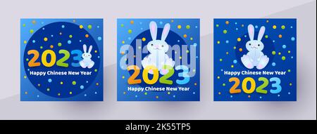 Chinesisches Neujahr 2023 Jahr des Kaninchens. Vorlage für Social Post oder Cover. Grußkarte. Niedliche Cartoon-Kaninchen und 2023 Zahl. Vektorgrafik Stock Vektor
