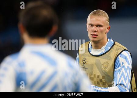 Manchester, Großbritannien. 05. Oktober 2022. Erling Haaland aus Manchester City während des UEFA Champions League-Spiels zwischen Manchester City und F.C. Kopenhagen im Etihad Stadium, Manchester, England am 5. Oktober 2022. Foto von Ben Wright. Nur zur redaktionellen Verwendung, Lizenz für kommerzielle Nutzung erforderlich. Keine Verwendung bei Wetten, Spielen oder Veröffentlichungen einzelner Clubs/Vereine/Spieler. Kredit: UK Sports Pics Ltd/Alamy Live Nachrichten Stockfoto