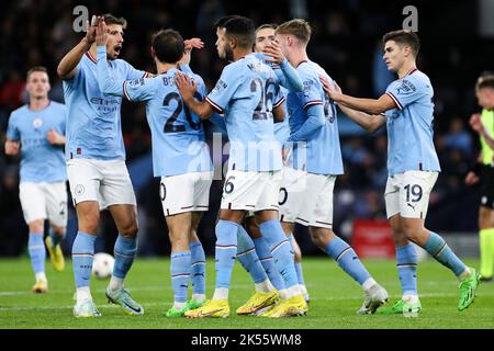 Manchester, Großbritannien. 05. Oktober 2022. Manchester City feiert während des UEFA Champions League-Spiels zwischen Manchester City und F.C. Kopenhagen im Etihad Stadium, Manchester, England am 5. Oktober 2022. Foto von Ben Wright. Nur zur redaktionellen Verwendung, Lizenz für kommerzielle Nutzung erforderlich. Keine Verwendung bei Wetten, Spielen oder Veröffentlichungen einzelner Clubs/Vereine/Spieler. Kredit: UK Sports Pics Ltd/Alamy Live Nachrichten Stockfoto