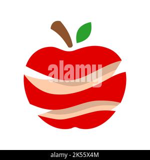Roter geschälter Apfel mit einem Stiel und einem Blatt. Gesunde Ernährung Konzept. Symbol für organische Früchte. Logo-Design-Vorlage. Scheiben eines Apfels mit Schatten Vektor Stock Vektor