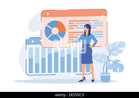 Online-Analyse der Umfrageergebnisse. Kreisdiagramme, Infografiken, Analyseprozess. Analyse von Geschäfts- und Finanzberichten. Soziale Umfragen beantworten Statistiken. Stock Vektor