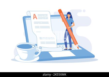 Copywriting. Social Media Post, Content Marketing, Internet-Werbung. Cartoon Charakter Text für Werbung schreiben. Werbestrategie. Vektor Stock Vektor