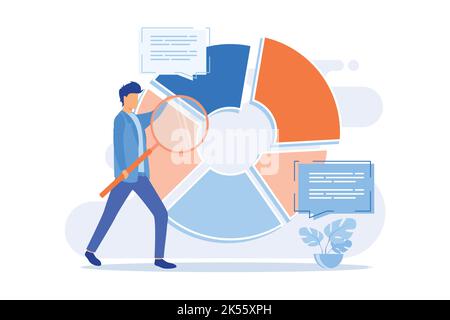 Statistische Analyse Vergrößerungsglas zur Analyse von Daten. Kreisförmiges Diagramm mit farbigen Segmenten. Statistik, Audit, Forschung. Flaches Design modern illustrr Stock Vektor