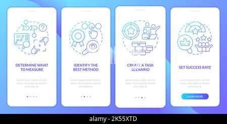 Schritte zum Testen der Benutzerfreundlichkeit der Website blauer Gradient Onboarding-Bildschirm der mobilen App Stock Vektor