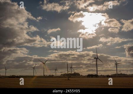 Eine Gruppe von Windenergieanlagen in der Nähe von Fraisthorpe Beach, Bridlington, East Yorkshire, Großbritannien Stockfoto