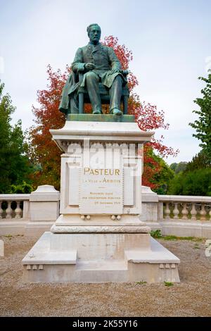 Statue von Pasteur in Arbois, Jura, Frankreich. Das Museum des Hauses Louis Pasteur ist das erhaltene ehemalige Wohnhaus und persönliche Labor des renommierten Science-Science-Museums Stockfoto