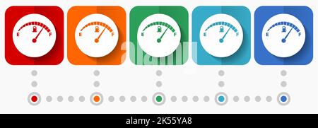 Kraftstoffanzeige, Vektorsymbole für das Auto-Benzin-Dashboard, Infografik-Vorlage, Satz flacher Designsymbole in 5 Farboptionen Stock Vektor