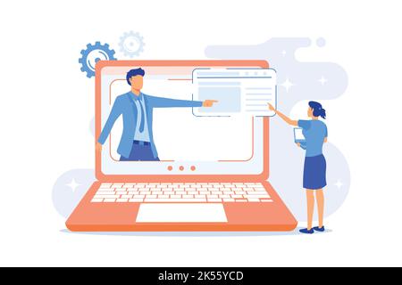 Chemie Online-Unterricht. Biochemiker Präsentation, Wissenschaft Klasse, e Learning. Labor Arbeiter Cartoon-Figur erklärt pharmazeutische Forschungen Stock Vektor