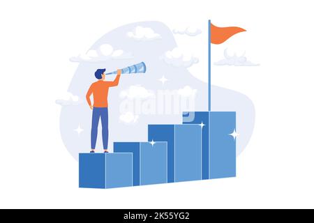 Geschäftsvision, Prognose und Prognose. Überwachung von Karrierechancen. Job, Perspektivensuche, Strategieplanung. Führung und Motivation Stock Vektor