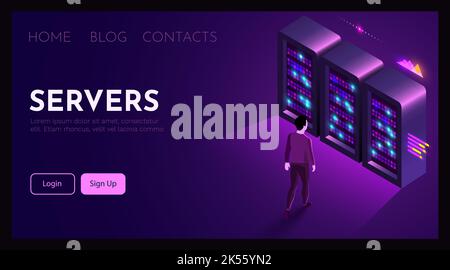 Man steht vor Servern. Konzept des Systemadministrators. Vektorgrafik Stock Vektor