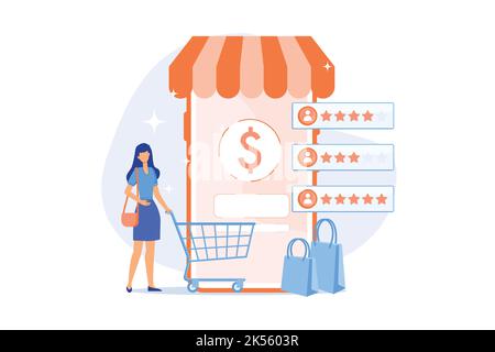 Benutzerbewertung und Feedback. ?Customer Bewertungen Karikatur Web-Symbol. E-Commerce, Online-Shopping, Internet-Kauf. Vertrauenswürdige Kennzahlen, am besten bewertetes Produkt. Vektor-il Stock Vektor