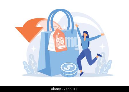 Shopping Rabatte und Zulagen Cartoon Web-Symbol. Verkaufspreise, Einzelhandelsumsätze, kreatives Marketing. Sonderangebot, Idee zur Kundenanziehung Stock Vektor