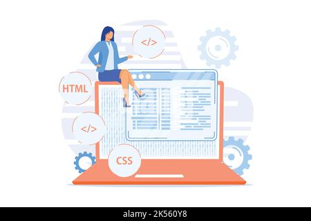CSS- und HTML-Programmiersprachen. Computerprogrammierung, Codierung, IT. Weibliche Programmierer Zeichentrickfigur. Software, Website-Entwicklung. Vektorgrafik Stock Vektor