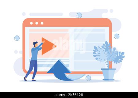 Video-Content-Schöpfer, blogger bunte Cartoon-Figur. Videobearbeitung, Hochladen, Schneiden. Anordnung der Videoaufnahme, Manipulation. Vektorgrafik Stock Vektor