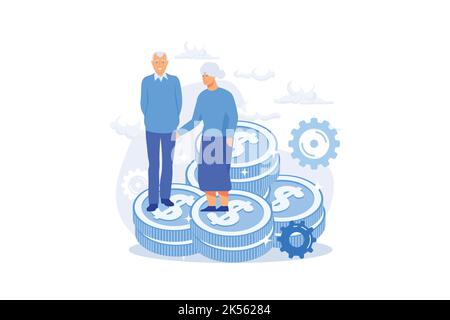 Planung des Altersbudgets. Sparsicherheit, Sicherheit bei Bankeinlagen, rentable Investitionen. Ältere Paare, Rentner sparen Geld für die Zukunft. Stock Vektor