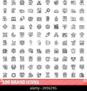 100 Markensymbole eingestellt. Skizzieren Sie die Darstellung von 100 Markensymbolen, die auf weißem Hintergrund isoliert sind Stock Vektor