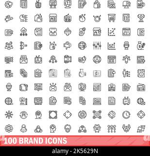 100 Markensymbole eingestellt. Skizzieren Sie die Darstellung von 100 Markensymbolen, die auf weißem Hintergrund isoliert sind Stock Vektor