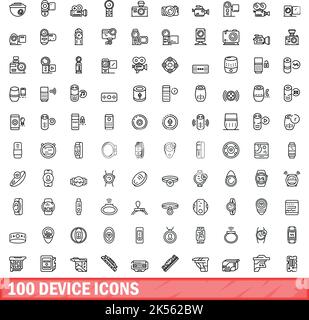 100 Gerätesymbole eingestellt. Skizzieren Sie die Darstellung von 100 Gerätesymbolen, die auf weißem Hintergrund isoliert sind Stock Vektor