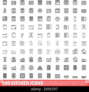 100 Symbole für die Küche. Skizzieren Sie die Darstellung von 100 Küchen-Symbolen, die auf weißem Hintergrund isoliert sind Stock Vektor