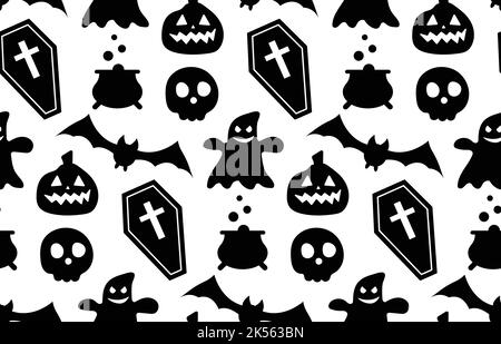 Nahtlos wiederholendes Muster mit Halloween-Symbolen. Design von Silhouetten für den Urlaub Halloween. Für Postkarte, Stoff, Banner, Vorlage, Verpackung Stock Vektor