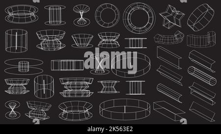 Set von abstrakten geometrischen Technologieelementen im Cyberpunk-Stil. Retro Vintage Kollektion 3D virtuelles digitales Design. Textur 80s vr. Futuristisch Stock Vektor