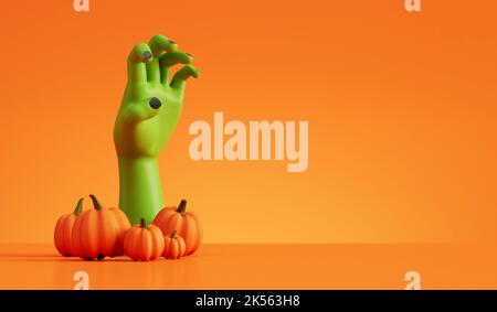 Halloween Zombie Monster Hand, die aus Kürbissen. Halloween Hintergrund. 3D Rendering Stockfoto