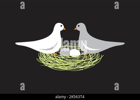 Vögel im Nest mit Eiern auf schwarzem Hintergrund. Vektor. Leicht editierbare Vektorgrafik mit Ebenen. Wilde Tiere. Stock Vektor