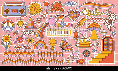 Set von Hipster Retro coolen psychedelischen Elementen. Sammlung Aufkleber von groovigen Cliparts aus dem 70s 60s. Collage mit trendiger Pop-Atmosphäre und Funky Stock Vektor