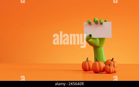 halloween grüne Zombie Hand mit einem leeren Etikett. 3D Rendering Stockfoto