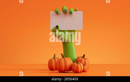 halloween grüne Zombie Hand mit einem leeren Etikett. 3D Rendering Stockfoto