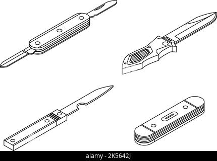 Stiftmesser Symbole gesetzt. Isometrischer Satz von Stielmesser-Vektorsymbolen umreißen isoliert auf weißem Hintergrund Stock Vektor