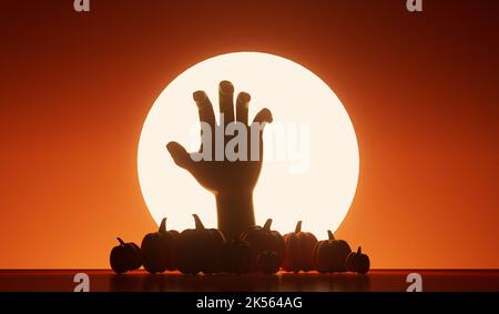 Silhouette einer untoten Zombie-Hand, die mit einem hellen Mond dahinter ausstreckte. 3D Rendering Stockfoto