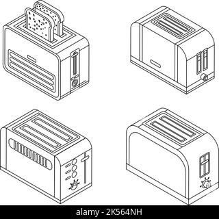 Toaster-Symbol-Set. Isometrischer Satz von Toaster-Vektorsymbolen umreißen isoliert auf weißem Hintergrund Stock Vektor