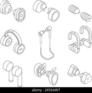 Symbole für kabellose Ohrhörer eingestellt. Isometrische Vektorsymbole für drahtlose Ohrhörer, die isoliert auf weißem Hintergrund dargestellt werden Stock Vektor