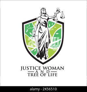 Gerechtigkeit Frau und Baum / exklusives Logo Design Inspiration Stock Vektor