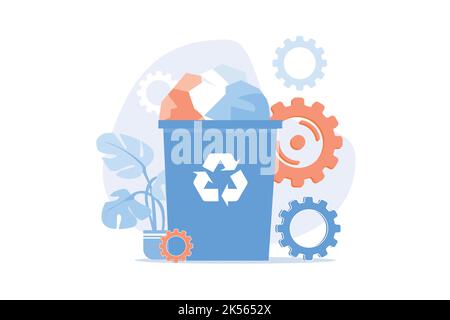 Papierabfallbehälter. Abfallmanagement, recycelbarer Müll, Mülltrennung. Recycling von Zeitungsblättern in Cartoon-Mülleimer. Umweltfreundlicher Wurf. Vektor-Abb. Stock Vektor