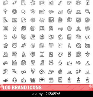100 Markensymbole eingestellt. Skizzieren Sie die Darstellung von 100 Markensymbolen, die auf weißem Hintergrund isoliert sind Stock Vektor