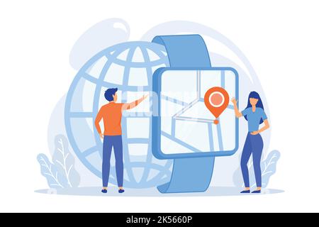 Benutzer, die eine Smartwatch mit GPS-Navigationsnadel betrachten. Smartwatch Navigation, Outdoor GPS Uhr und Smart GPS Tracker Konzept auf weißem Hintergrund. vecto Stock Vektor