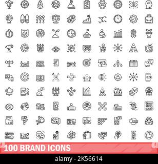 100 Markensymbole eingestellt. Skizzieren Sie die Darstellung von 100 Markensymbolen, die auf weißem Hintergrund isoliert sind Stock Vektor