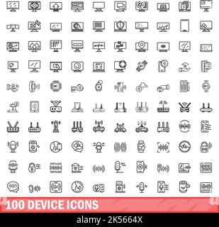 100 Gerätesymbole eingestellt. Skizzieren Sie die Darstellung von 100 Gerätesymbolen, die auf weißem Hintergrund isoliert sind Stock Vektor