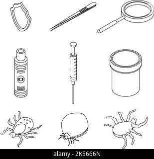 Mite-Symbole gesetzt. Isometrischer Satz von Milbenvektorsymbolen umreißen isoliert auf weißem Hintergrund Stock Vektor