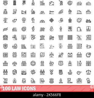 100 Symbole für Gesetze festgelegt. Skizzieren Sie die Darstellung von 100 Gesetzensymbolen, die auf weißem Hintergrund isoliert sind Stock Vektor