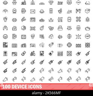 100 Gerätesymbole eingestellt. Skizzieren Sie die Darstellung von 100 Gerätesymbolen, die auf weißem Hintergrund isoliert sind Stock Vektor